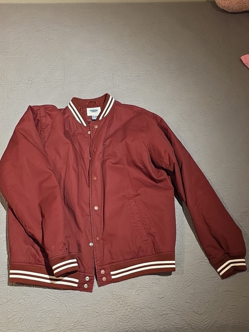 BRAND NEW WITHOUT TAGS, MensXL, Old Navy, Maroon Bomber Jacket with Striped Trim